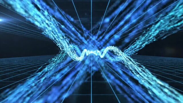 Abstract blue digital data wave on futuristic wireframe grid background.