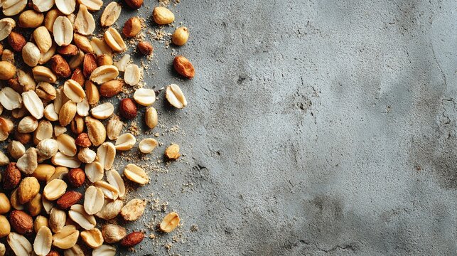 Roasted peanuts scattered on grey concrete background with copy space.