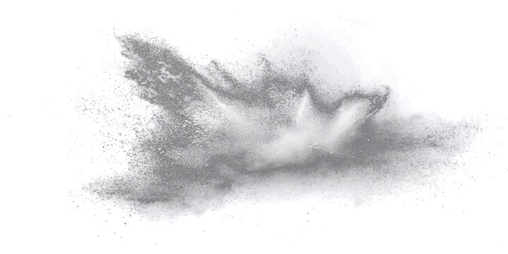 Explosion fine grey powder dispersing midair, dynamic abstract formation, conveying energetic motion.