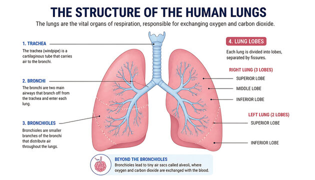 Detailed medical illustration of human lungs anatomy and structure