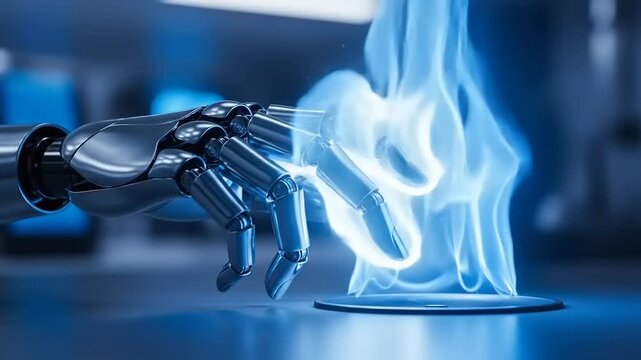 Robotic hand touching blue flame.