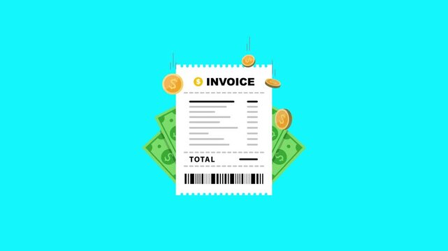 Invoice animation with coins and bills against a vibrant blue background. Simple, flat design emphasizes finance or payment themes. Ideal for business, accounting, or e-commerce visuals