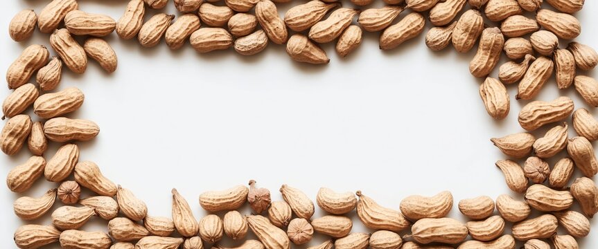Peanuts on white. Frame form copy space. Top view flat lay