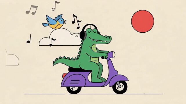Happy Cartoon Crocodile Riding a Purple Scooter and Listening to Music.