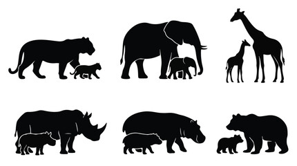 Fototapeta premium Black silhouettes of various animals with cubs 