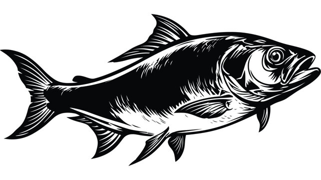 Fish illustration vector graphic in black and white with detailed fins