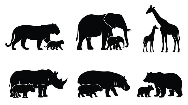 Black silhouettes of various animals with cubs
