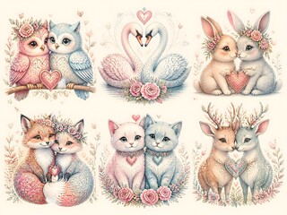 Naklejka premium surreal fantasy illustration featuring a set of love themed animals with delicate lines