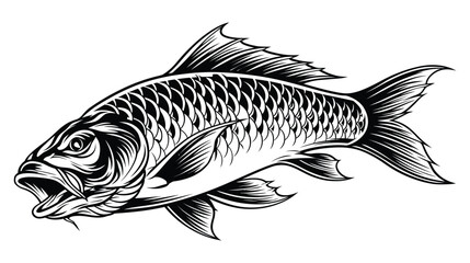 Fototapeta premium Fish illustration with open mouth and detailed scales in black and white