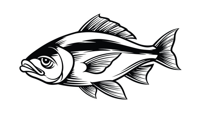 Fish illustration with black and white coloring and detailed fins