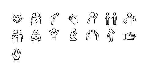 Icon set collection of human gestures, social interactions, and body language symbols for communication, unity, and professional teamwork concepts. © Raka Firdaus 