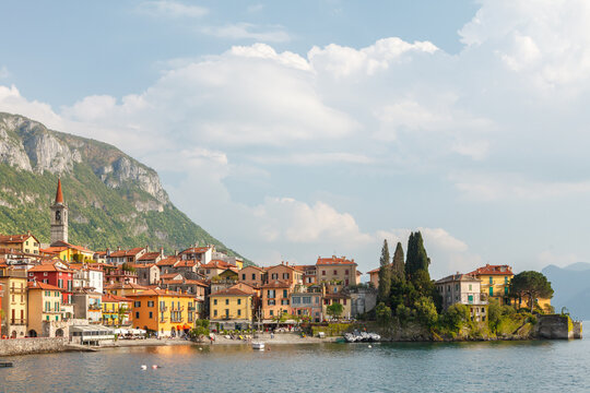 Varenna waterfront with bell tower Lake Como Italy