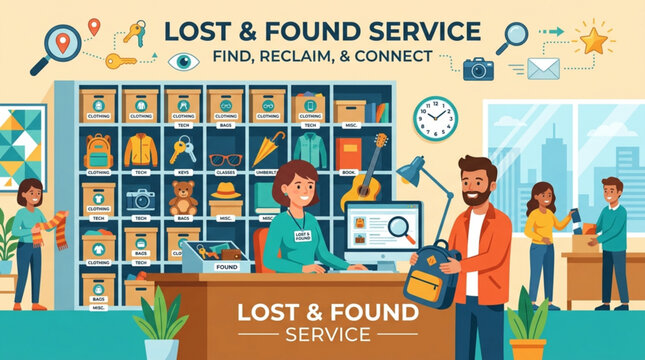 Lost and found service concept with people searching items