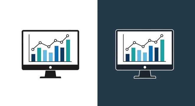 Desktop monitor displaying analytical chart icons showcasing data visualization performance tracking growth trends for business intelligence monitoring analysis.