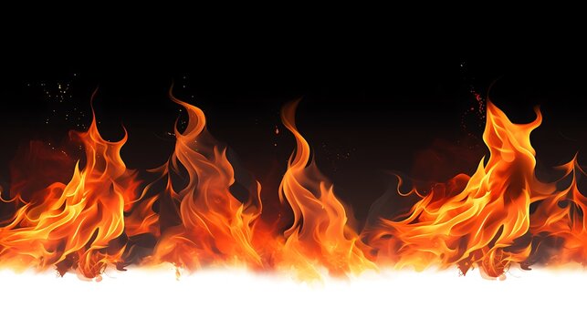 Orange and yellow realistic fire flames on a dark black background with smoke and sparks.