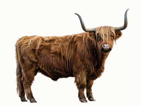 Full-Body Studio Photograph of a Shaggy Scottish Highland Cow with Long Pointed Horns Isolated on White Background
