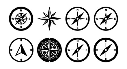 Obraz premium Compass Vector Icons, Navigation Direction Symbols, Black and White Orientation Elements for Maps