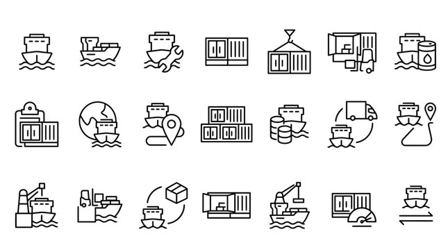 Logistics and shipping icons set including cargo ships trucks containers and warehouse symbols
