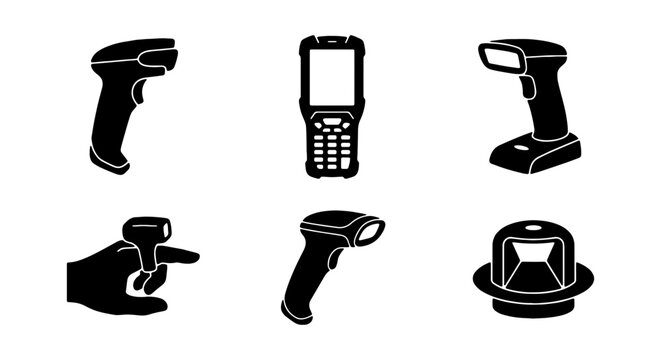 Barcode scanner vector icons, handheld and stationary barcode readers, black silhouette collection