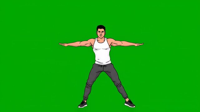 Animated man performing jumping jacks exercise on green screen background fitness