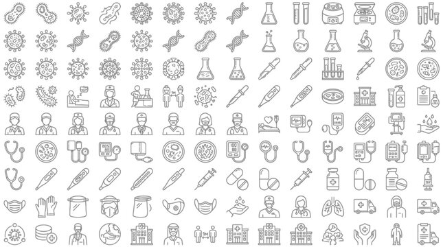 Medical icons set including virus bacteria doctor nurse hospital lab equipment