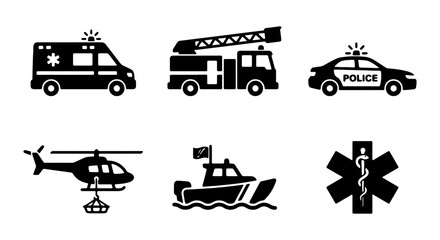 Emergency Service Icons: Ambulance, Fire Truck, Police Car, Helicopter, Boat, Medical Symbol © TAMIM