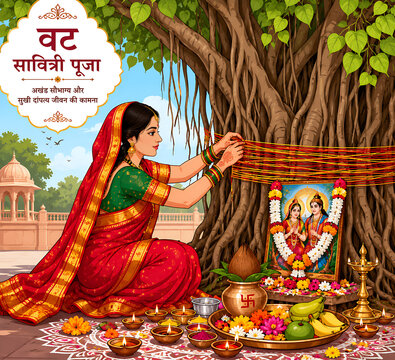 Colorful Vat Purnima & Vat Savitri Vrat Festival Scene with Rangoli, Flowers, and Lamps