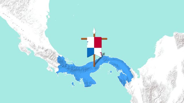 Animated Panama flag banner pole waving proudly over the country map motion clip