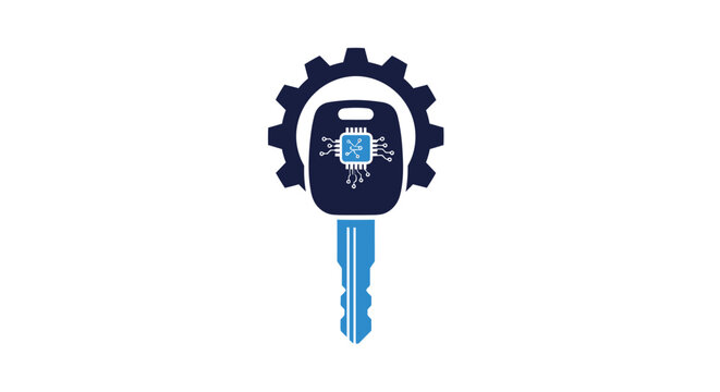 Smart car key logo with gear and electronic chip icon