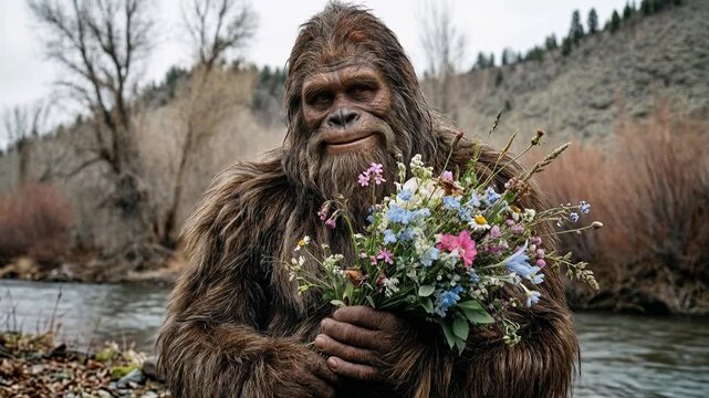 Bigfoot holding a bouquet of wildflowers by a serene river in nature
