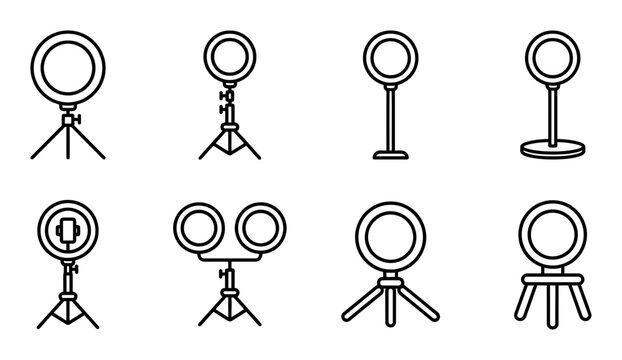 8 Microphone icons, different types and stands, outline solid styles, UI and web interface design