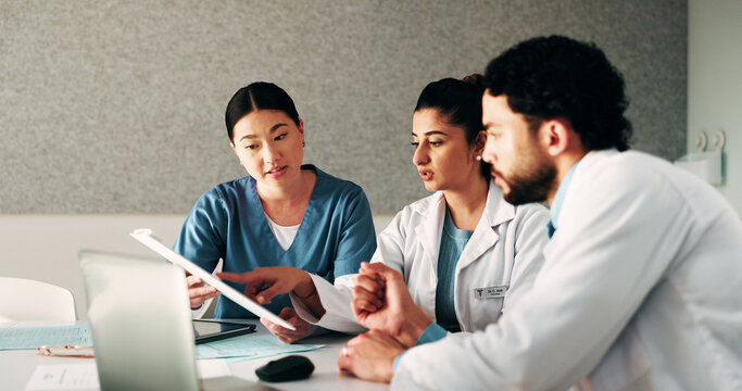 Hospital, team and doctors in meeting with documents for surgery schedule, treatment plan and advice. Healthcare, clinic and people with patient report for consulting, medical service and discussion