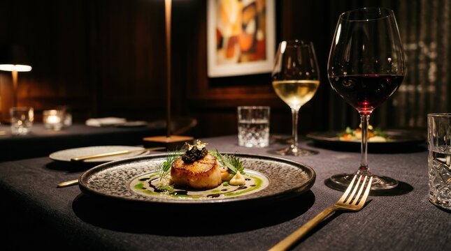 Exquisite gourmet meal in a luxurious restaurant setting, featuring a perfectly plated dish, fine wine, and an elegant ambiance for a memorable dining experience