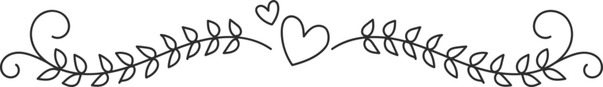 Floral heart divider line art illustration. Romantic botanical decorative border design.