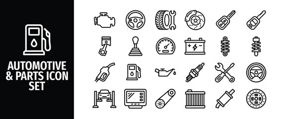 Automotive and parts icon set outline vector icons for car engine, steering wheel, tire, brake, key, fuel, piston, gear, speedometer, battery, suspension