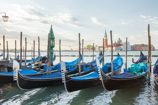 Gondolas moored on Venice lagoon