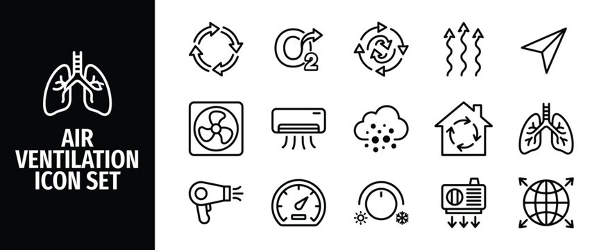 Air ventilation icon set outline vector icons for lungs, air circulation, carbon dioxide, fan, air conditioner, pollution, and air quality