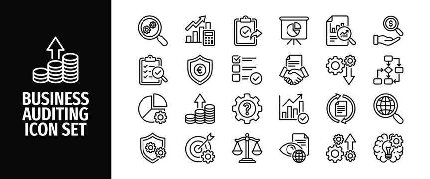 Business auditing icon set financial audit, accounting, analysis, report, compliance, data review, process evaluation line icons