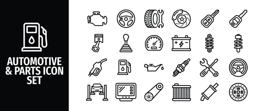 Automotive and parts icon set outline vector icons for car engine, steering wheel, tire, brake, key, fuel, piston, gear, speedometer, battery, suspension