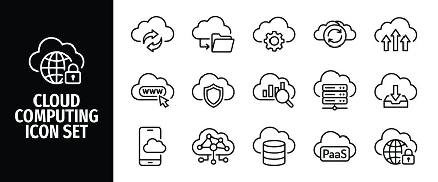 Cloud computing icon set modern cloud technology, data storage, and network services line icons vector outline symbols for global connectivity and security