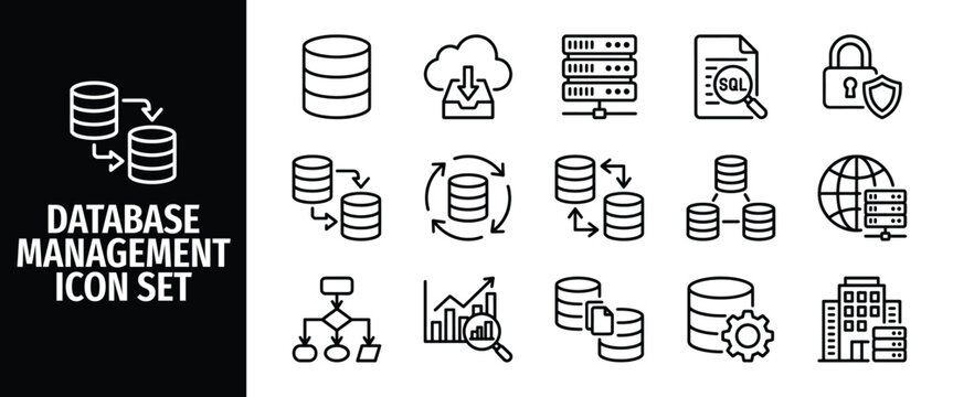 Database management icon set line vector icons for data storage, servers, cloud computing, and security