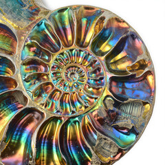 An iridescent ammonite fossil shell with rainbow colors and metallic luster, isolated on a white background, for contrast © David