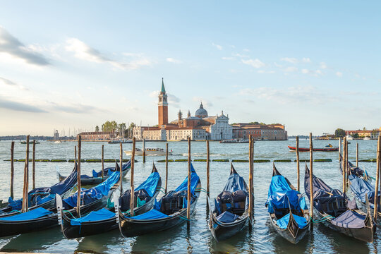 Gondolas moored on Venice lagoon
