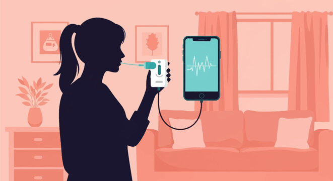 Vector illustration silhouette of a woman using a portable spirometer device connected to a smartphone showing a waveform for respiratory health monitoring in a home setting.