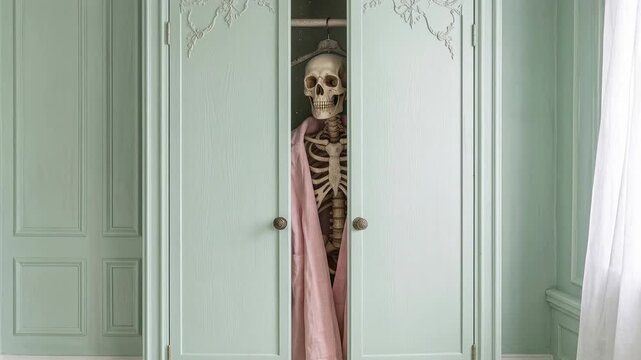 Skeleton hiding in a closet, a spooky surprise revealed behind the door. A full human skeleton is partially visible behind a slightly ajar pastel green closet door