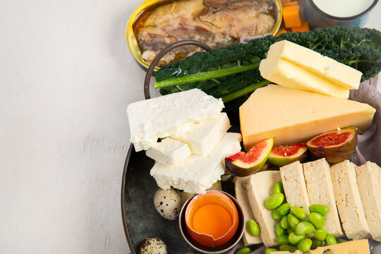 Assortment of food sources rich in calcium.