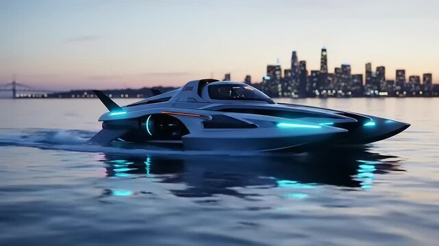 Futuristic Hydrofoil Boat Gliding Across Water with Cityscape in Background at Dusk.
