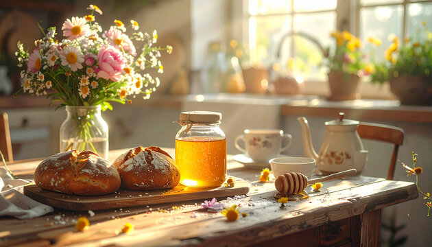 Rustic table with bread honey flowers and tea set illuminated by sunlight