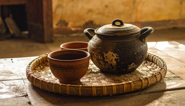 Rustic teapot and cups on woven tray in a warm interior setting