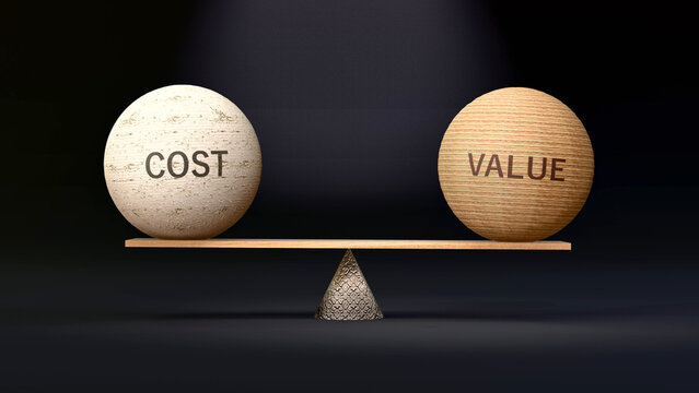 Value and cost in balance - balancing stones on a scale symbolizing harmony, equity and equilibrium between cost and value. Harmonious and beneficial situation. ,3d illustration